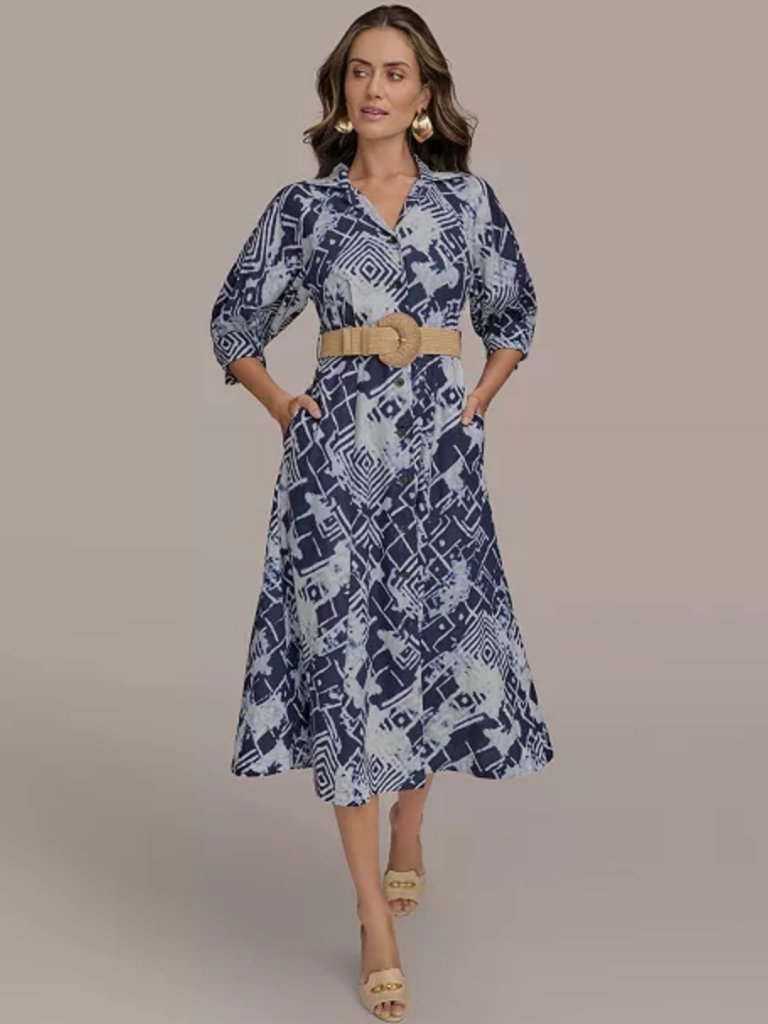 Donna Karan Belted Long Sleeve Linen Blend Maxi Shirtdress In Ink Multi Size 2